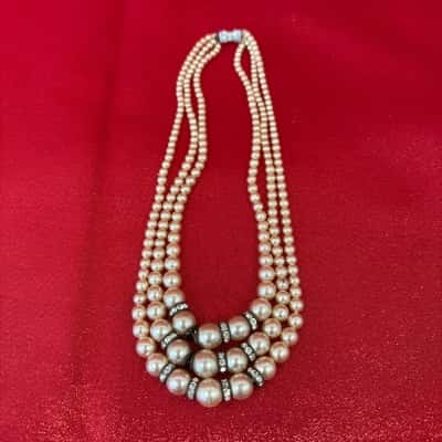  Women's Vintage Circa 1950's Triple Strand Graduated Glass Faux Pearl Necklace 