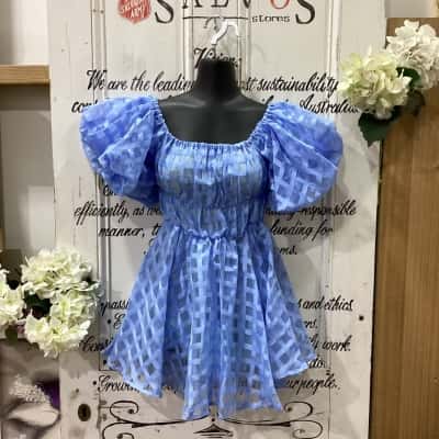 Pink Diamond Brand! NWOT ABSOLUTE ON TREND PUFF SLEEVE TRENDY OFF THE SHOULDER MINI DRESS! Womens  Size 8 Mini Dress / Off The Shoulder Dress / Short Sleeve Dress  Blue 