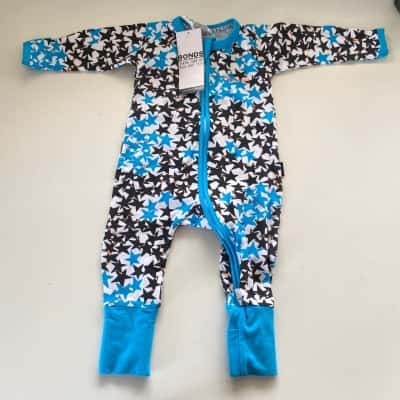 Bonds Wondersuit Long SLeeve Blue Black Star Pattern Onesie Size 3-6m