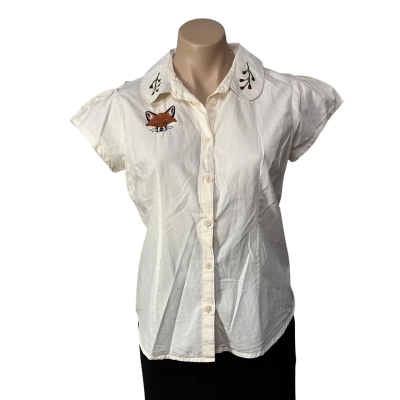 Dangerfield Womens Size 10 Cream Short Sleeve Shirt with Embroidered Detail