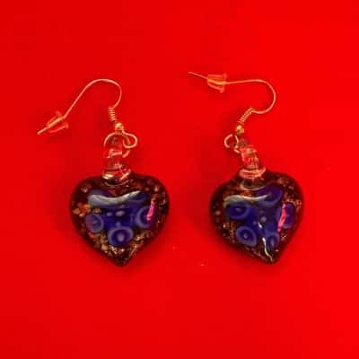 Women's Murano Glass Earrings featuring a Blue Floral Design 