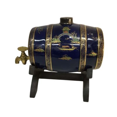 GB & Sons London Cobolt Blue Patterned Ceramic Barrel Decanter Made in England Approx 24 x 20cm