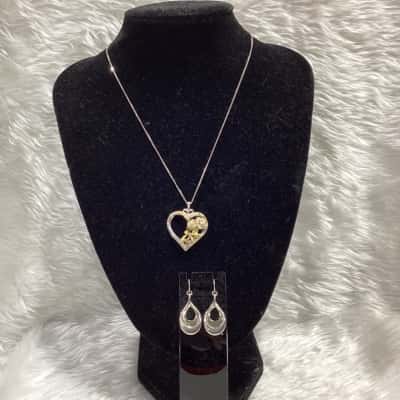  Womens Sterling Silver Heart Pendant Necklace & Two Toned Dangle Earrings.