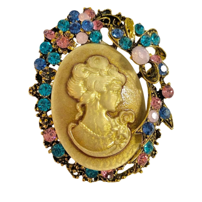Multicoloured (Blue/Pink/Gold) Woman’s Portrait Brooch 