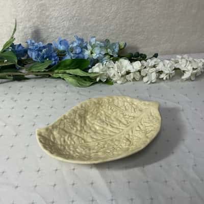Vintage Pale Yellow Leaf Shaped Ceramic Dish