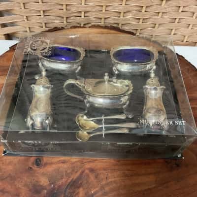 Boxed Strachan silver plated cruet set salt pepper, mustard condiment spoons boxed antique vintage gift birthday Christmas 