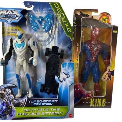 white and blue Max Steel action figure from the Mattel Turbo-Board Max Steel Deluxe set Spider-Mans