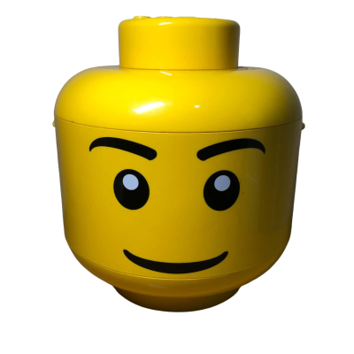 Lego Head storage container full of Lego pieces 