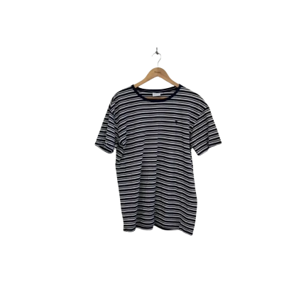 Okanui Mens  Size M Short Sleeve Shirt Black  / Navy Blue / Striped / White 
