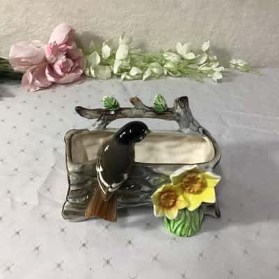 Bird on Tree Log with Daffodils Ceramic Planter