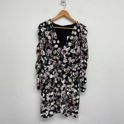Dotti Black Floral Long Sleeve Mini Dress  Size 14 