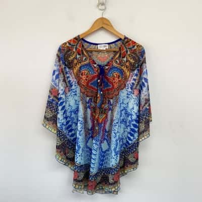 Coco Cabana Blue Colourful Pattern Embellished Short Sleeve Mini Dress Size L / M 