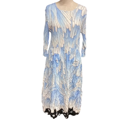  Alquema  Size 2 3/4 Sleeve Crushed Midi Dress Black  / Blue / White 