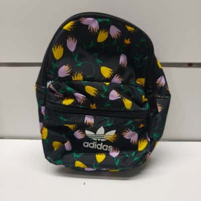 Adidas Kids Adidas Black Floral Tulip Print Mini Backpack / Sports Daypack with White Trefoil Logo