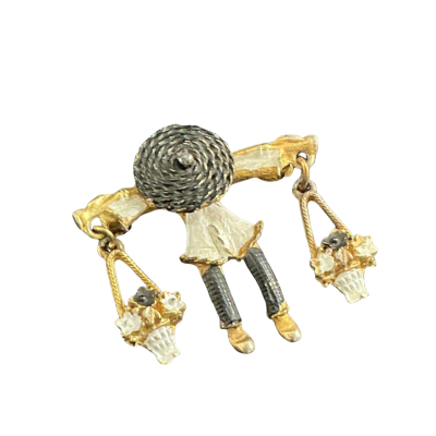  Womens vintage flower basket carrier Brooch Black  / Gold / White 