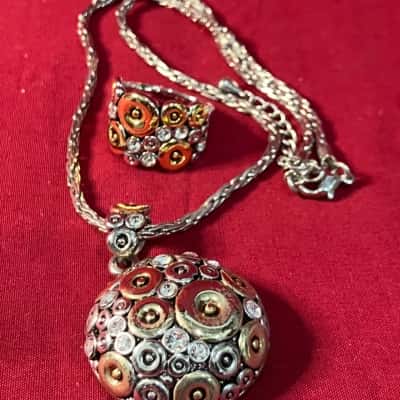  Women's Necklace / Ring Mosaic Pendant Necklace with Matching Ring silver tone and rhinestone