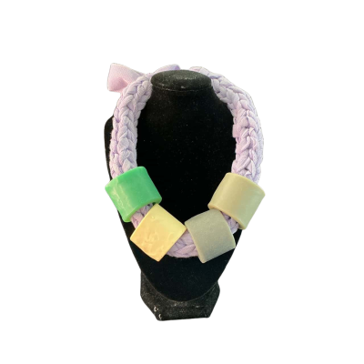  Womens Chunky braided fabric and resin Beaded Necklace Cream / Purple 