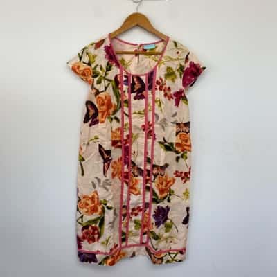 Blue Illusion Pink Floral Short SLeeve Linen Mini Dress  Size 12 