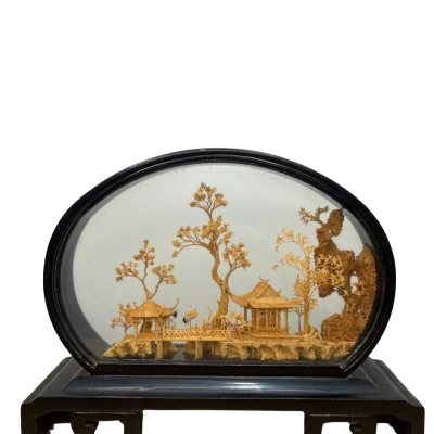 Vintage Chinese Cork Scene in Black Lacquer Case