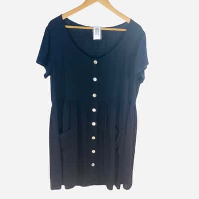 Dotti - Black Short-Sleeve Button-Front Smock Dress (Size 16)