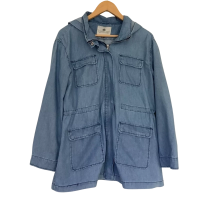 1 Sunset Lane.   Long Denim Utility Hooded Jacket.  Size L 
