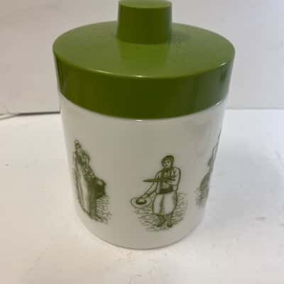 Echt Opaline Vintage Farm White Glass Canister Tea Jar w/ lid Green Peasant Life