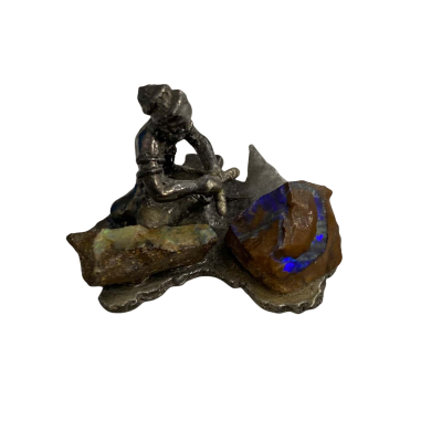 Australian Souvenir Miniature Opal Miner Statue With Opal