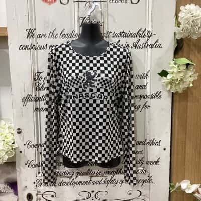 NASCAR INTERNATIONAL BRAND! Y2K RACING TOP! SHEER LONG SLEEVE ICONIC NASCAR CHECKED PATTERN! BNWT! RRP $129.95!! Womens  Size XXL Long Sleeve Top Black  / Checked / Pattern / White 