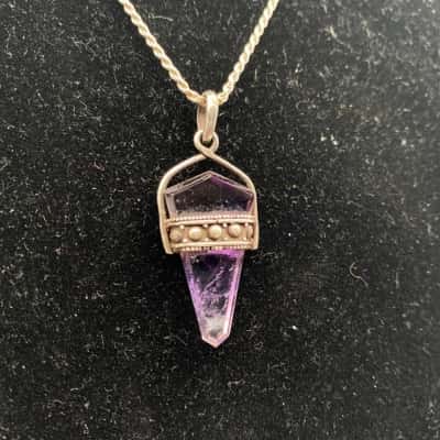  Sterling Silver Amethyst Crystal Gemstone Pendant with Rope Twist Sterling Necklace Chain 