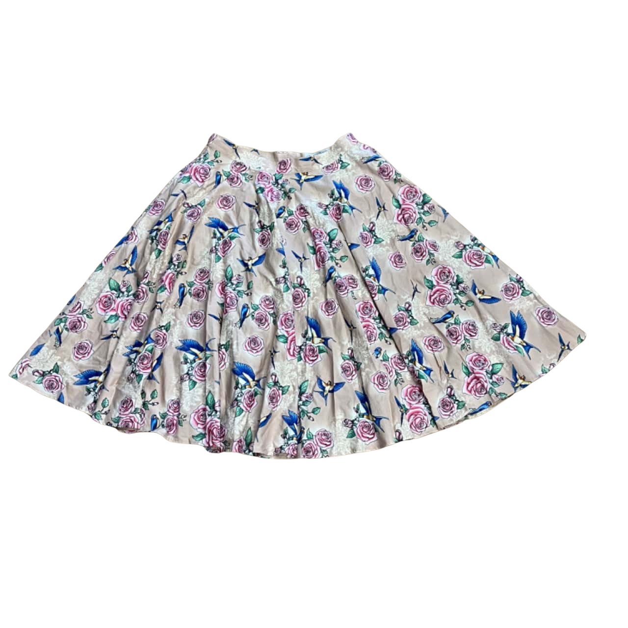Hell Bunny Swing Skirt Size L Beige With blue Bird Pink Rose(s)