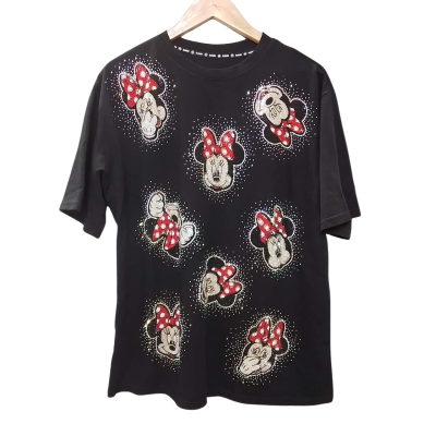 DJ&DK Women's Size L~XL Black T-Shirt with Bedazzled Minnie Mouse Pattern