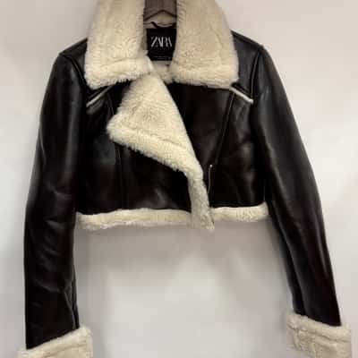 Zara Black Fleece Faux Leather Crop Jacket Size Medium 