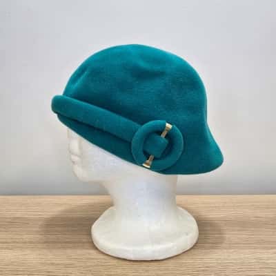 Vintage Eldee Italian Wool Cloche Hat By Frank.S.Tisdale  – Teal with Gold Buckle Detail