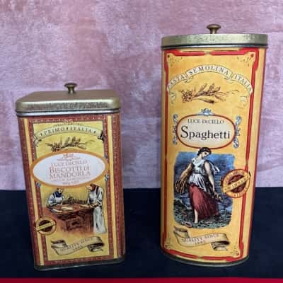 Vintage Tins Luce De Cielo Pasta Semolina Italia Spaghetti Tin and Biscotti Tin
