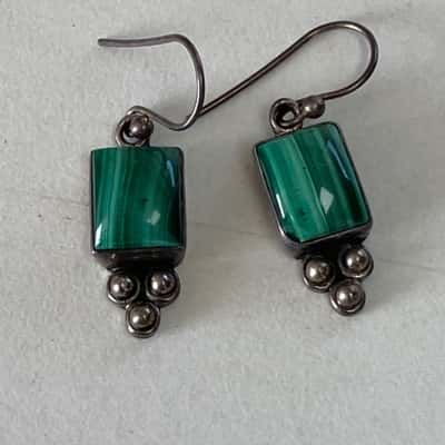 925 Sterling Silver Malachite Stone Drop Earrings 