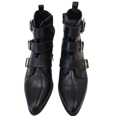  Womens Carvela  Size 37 Boots Black  with 3 Gold Buckles (leather upper)