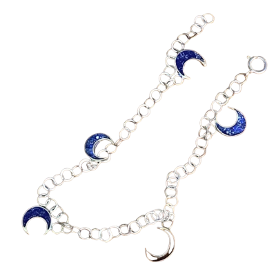 Blue Crescent Moon Linked Chain Bracelet Silver 925
