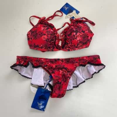 Lisa Blue Positano Frilled Brazilian Bottom ANd Plunging Push-Up Bra  Size M 