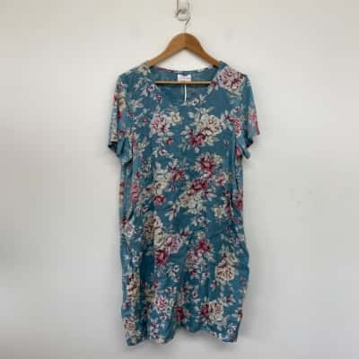Cali & Co Blue Floral Short SLeeve Calico Linen Mini Dress Size L / XL 
