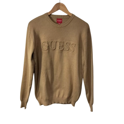 Guess Mens Size M Brown Crew Neck Jumper with Embossed 3D Logo 