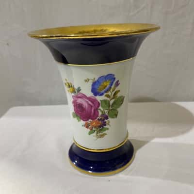 Vintage Meissen porcelain vase-Hand-painted Floral Cobalt Blue Gold Trim Germany
