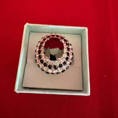  Women's Fashion Cocktail Ring featuring a Large Dark Gemstone Surrounded by Pave-Set Rhinestones Clear and Dark