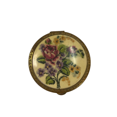Vintage Brass Cosmetics Compact with Floral Embroidery 