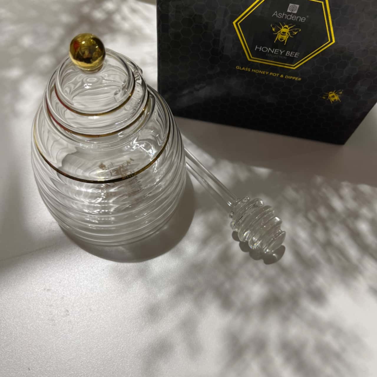 Ashdene HONEY BEE Glass Honey Pot & Dipper(s)