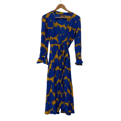 Mister Zimi Womens  Size 12 Wrap Dress Blue / Mustard Pattern 