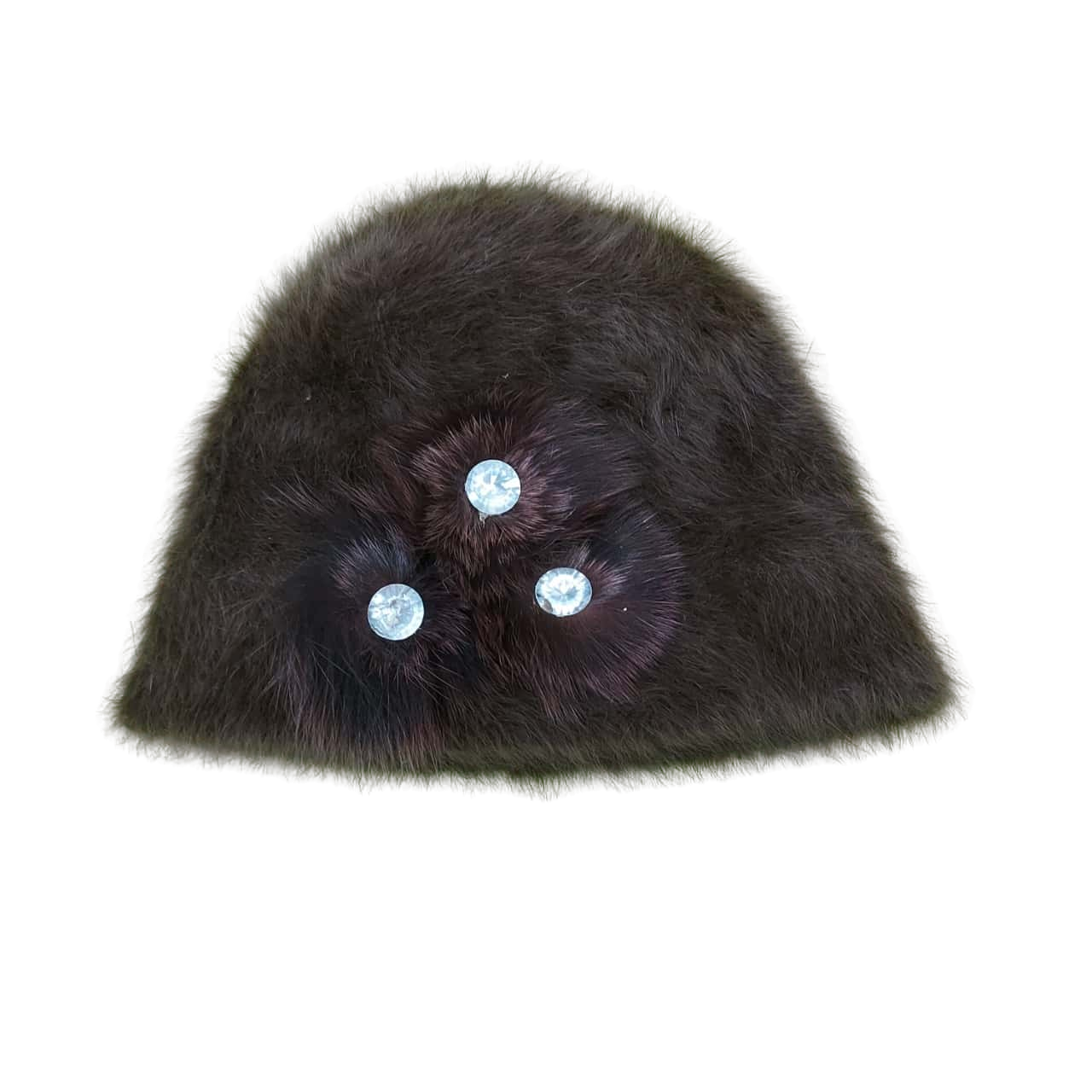 Rabbit Fur Hat Bonnet Cap Beanie Trinket Diamontee Brown Soft Natural (s)