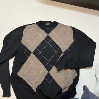  EMELIO TESTONI extra fine lambswool Mens  Size L Crew Neck Jumper Black  / Brown 