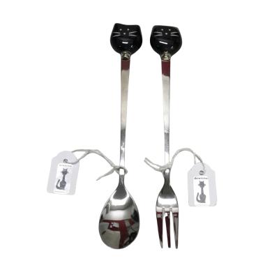 Dulwitches Small Fork & Spoon Set With Ceramic Cat Heads - BNWT