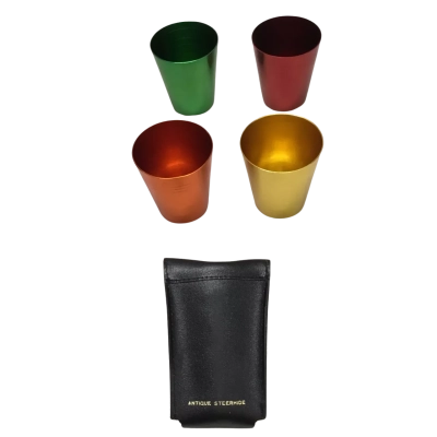 Set Of Four Vintage Anodised Aluminium Tumblers In Vintage Leather Antique Steerhide Container
