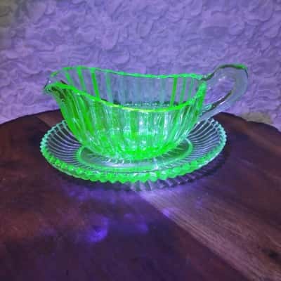 Uranium Glass Gravy Boat on Saucer